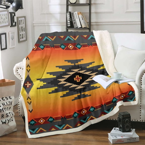 Western Boho Throw Blanket 90"x90",Aztec Fleece Blanket Arrow Blanket Rustic Home Decor Bohemian Stripes Western Room Decor for Teen ,Orange Grey Southwestern Decor