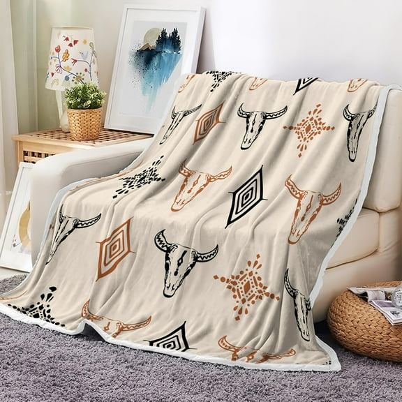 Western Boho Throw Blanket, Native Aztec Tribal Bull Skull Southwestern Cow Bohemian Geometric Pattern Beige Flannel Blanket for Couch Bed Chair Decor 60X80IN