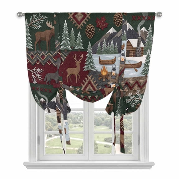 Western Boho Tie Up Curtains for Window, Thermal Insulated Balloon Shade Adjustable Rod Pocket Curtains Valance for Kitchen Bathroom Cafe 52 x 45 Farmhouse Country Rustic Chic Wild Nature Cabin Deer