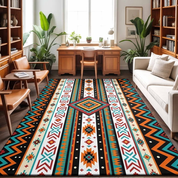 Western Boho Washable Area Rug 9 x 12 ft Ethnic Geometric Colorful Stripe Aztec Chevron, Soft Non Slip Rugs Stain Repellent Indoor Felt Carpet for Living Dining Room Bedroom Home Office
