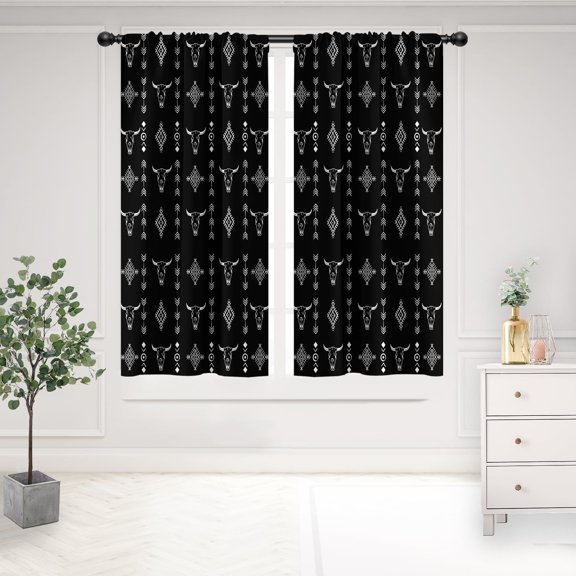 Western Boho Window Curtains Rod Pocket Black Bull Native Tribal Aztec Cowboys Ethnic Rustic Abstract Background Design Room Drapes 2 Panels for Decoration Living Bedroom Decor 42X63 inch