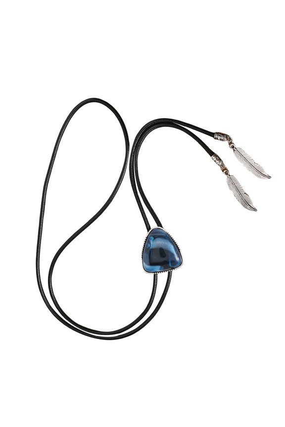 Western Bolotie Necktie Leather Rope Necklace with Vintage Triangular Stone Feathered Pendant Jewelry Shirt Collar Chain