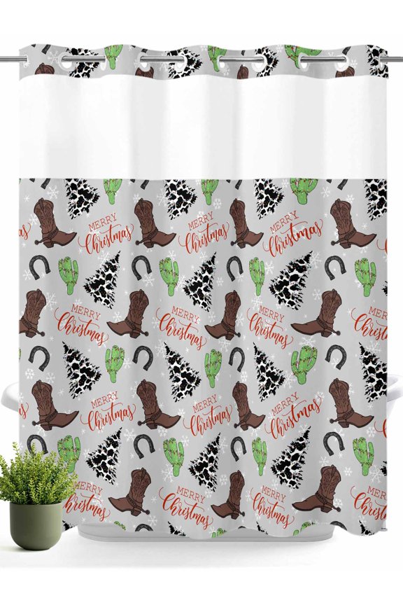 Western Boot Cactus Horseshoe No Hooks Shower Curtain with Snap in Fabric Liner Set, Snowflake Cow Texture Tree on Grey Shower Curtains Waterproof Bath Curtain with See Through Top Window, 72x72 Inch