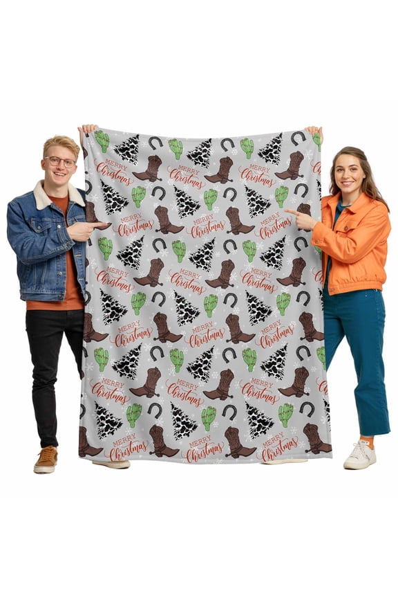 Western Boot Cactus Horseshoe Throw Blanket Flannel Fleece Throws, Snowflake Cow Texture Tree on Grey Lightweight Super Soft Warm Blankets for Couch Sofa Bed All Season Use, 50x60 in