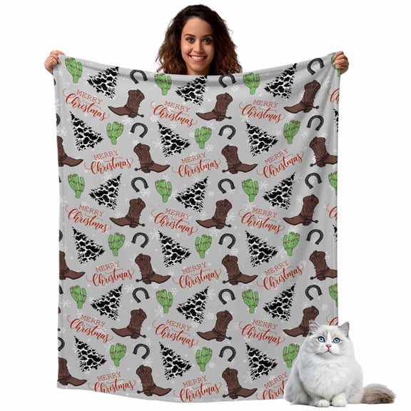 Western Boot Cactus Horseshoe Throw Blanket Flannel Fleece Throws, Snowflake Cow Texture Tree on Grey Lightweight Super Soft Warm Blankets for Couch Sofa Bed All Season Use, 40x50 in