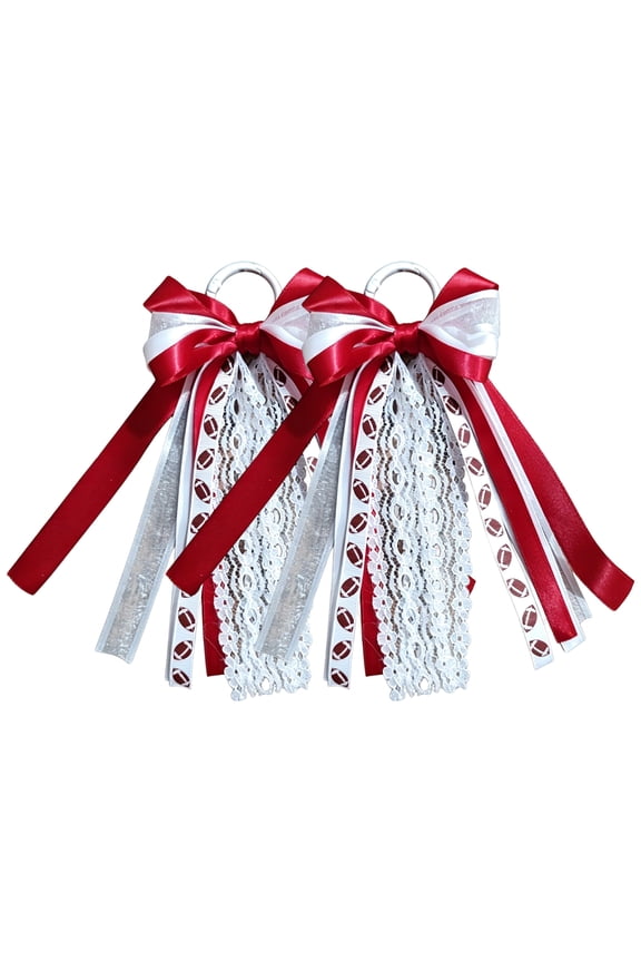 Western Boot Ornament Set, Cheer Bows, Gift for Cheerleader, Satin Ribbon Lace Trim Accents, 9X3 Inch 2-Piece Ribbon Bow Tassel Shoe Charms with Polished Silver Carabiners for