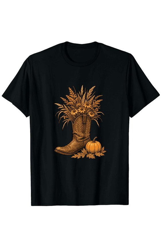 Western Boot Pumpkin Fall Graphic T-Shirt for Women, Unisex Cotton