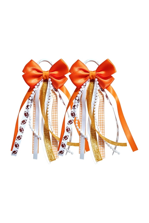 Western Boot Ribbon Decoration, Sport Themed Bows, Red Satin Ribbon, Cheerleading Bows, 9X3 Inch 2-Piece Orange Football Print Ribbon Tassel Shoe Ornament Pair, Dual Use