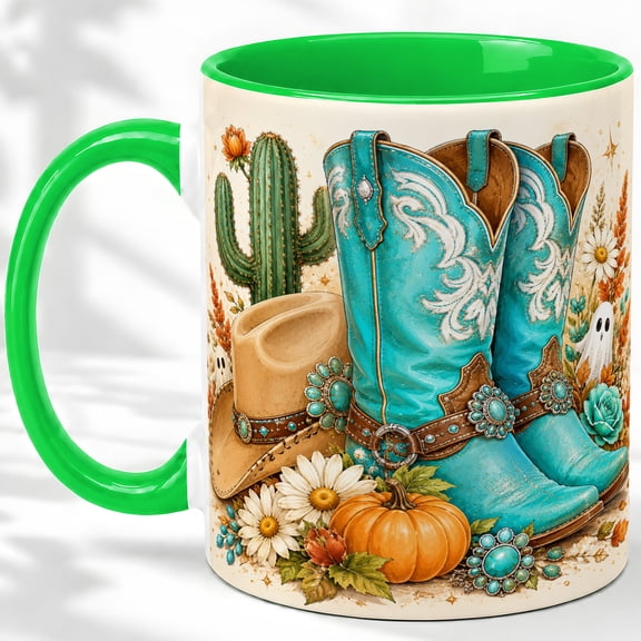 Western Boots Accent Mug, 11oz Ceramic Coffee Cup for Fall Decor