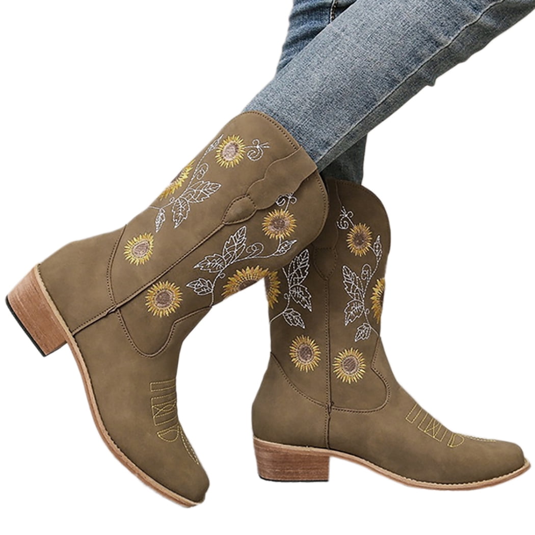 Western Boots Chunky Heel Embroidered Cowboy Boots Square Toe Boots for  Women 