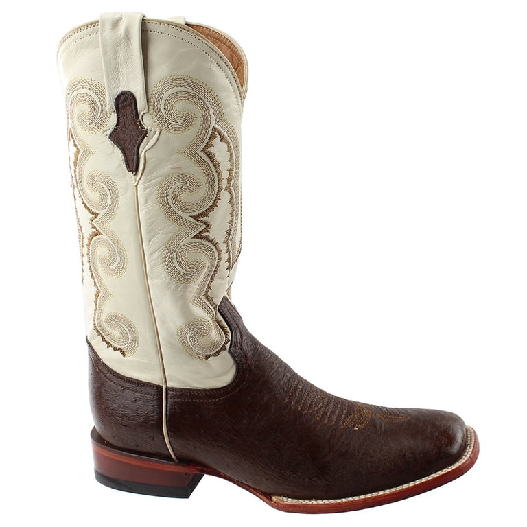 FERRRINI Brown Ostrich Leather Cowboy Boots with White Embroidered Shafts. Shop Brown, Off White Mens Ferrini Nash Embroidered Square  main image 3