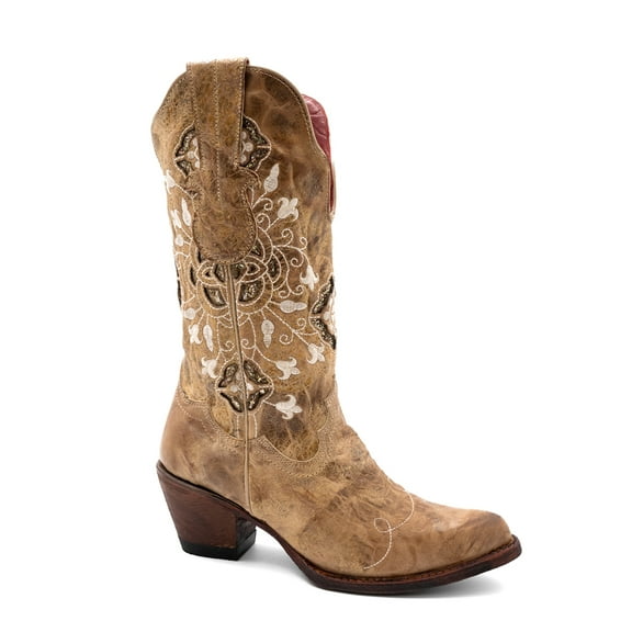 Western Boots Women Snip Stitching Pull Straps Cognac 82261-02