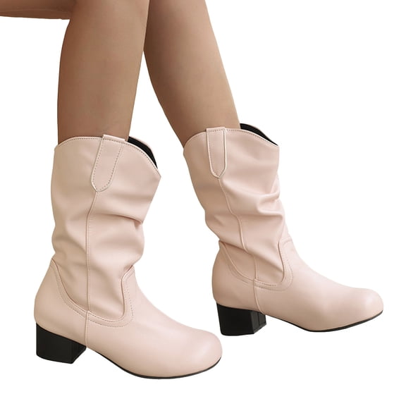 Western Boots for Women Slouchy Leather Block Heel Round Toe Mid Calf Booties Winter Thickened Warm Casual Retro Long Boots Pink Size 14