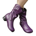 thumbnail image 1 of Western Boots for Women Slouchy Leather Block Heel Round Toe Mid Calf Booties Winter Thickened Warm Casual Retro Long Boots Purple Size 7.5, 1 of 5