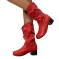 thumbnail image 1 of Western Boots for Women Slouchy Leather Block Heel Round Toe Mid Calf Booties Winter Thickened Warm Casual Retro Long Boots Red Size 6, 1 of 5