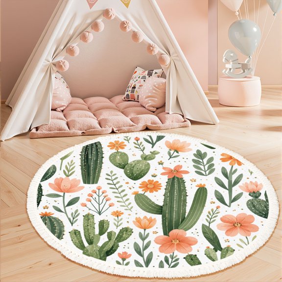 Western Botanical Round Rug 3ft Washable Area Rugs, Seamless Floral Green Cacti Peach Flowers White Non-Slip Carpet for Bedroom Playroom Nursery Dorm