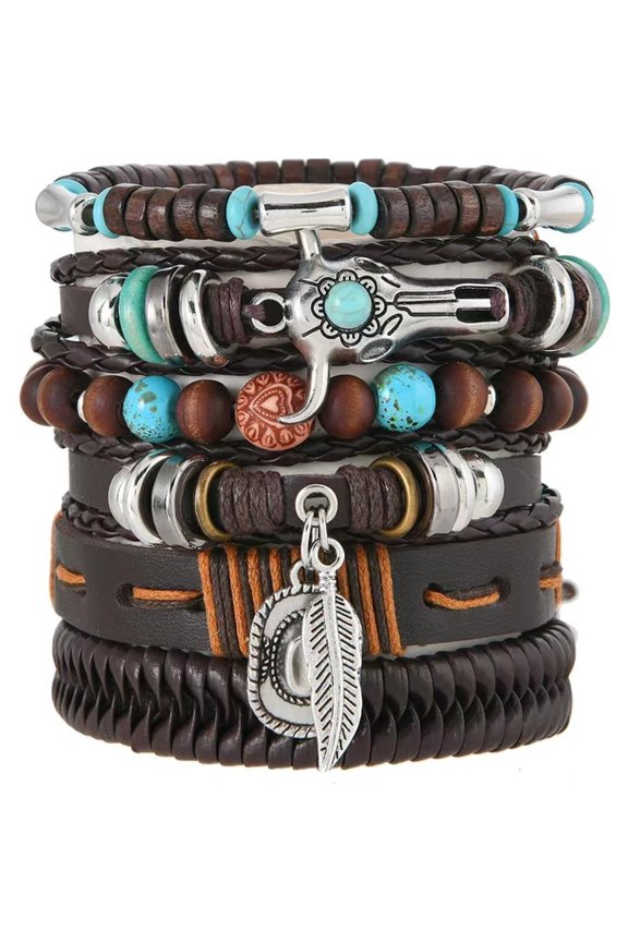 Western Bracelets for Women & Men, Vintage Bohemian Stackable Turquoise Beaded Leather Stretch Bracelet with Rustic Cow Head Charm, Country Cowboy Cowgirl Jewelry