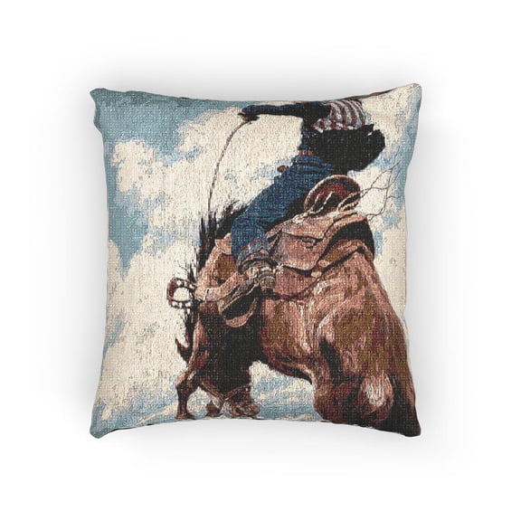 Western Bronc Rider and Bucking Horse Blue and Brown Woven Pillow, 17 x 18 in, Cotton-Polyester Shell, Living Room Accent