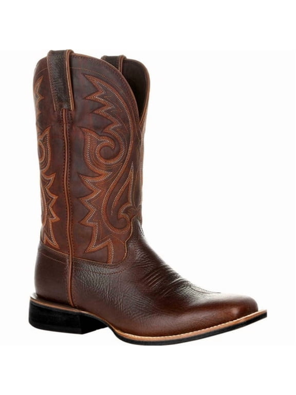 Western Brown Boots Classic Durable Leather Embroidered Cowboy Boots for Men Wide Calf Pull On Boots Country Boots