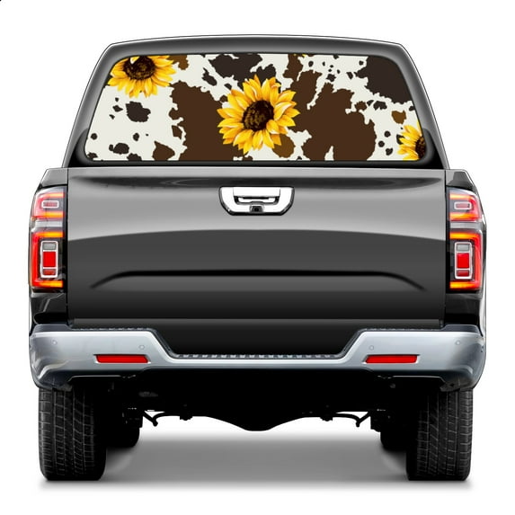 Western Brown Cow Sunflower Print Rear Window Decals for Trucks- Pickup Car Window Stickers Decal- Truck Back Window Tint Decal Graphic Perforated Vinyl Truck Stickers 66" X 22"