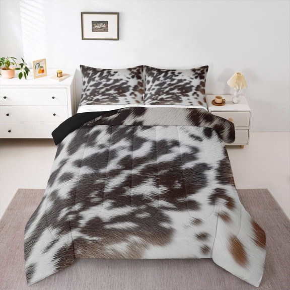 Western Brown Cowhide Comforter Set,Aztec Black White Cow Print Bedding Set Queen Rustic Farm Animal Down Comforter Men Women,Cowboy Cowhide Quilt Duvet Set Bedroom Decor 3 Pcs