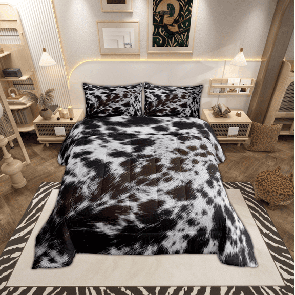 Western Brown Cowhide Comforter Set,Aztec Black White Cow Print Bedding Set Queen Rustic Farm Animal Down Comforter Men Women,Cowboy Cowhide Quilt Duvet Set Bedroom Decor 3 Pcs