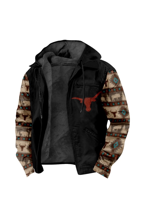 Western Buffalo Black Outerwear Coat Aztec Pattern Long Sleeve Zip Hoodie Women Men Winter Jacket Parkas