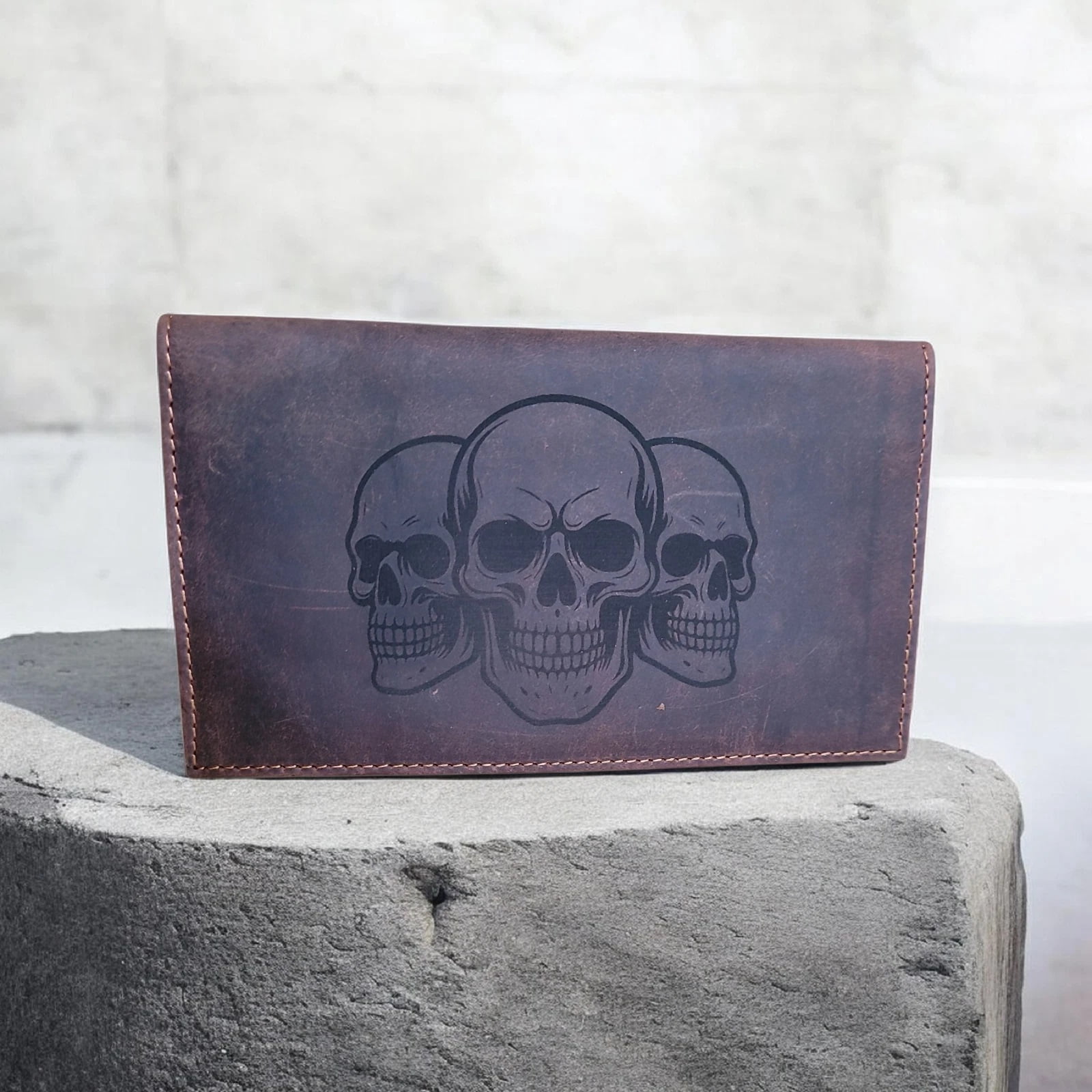Western Buffalo Leather Rodeo Wallet RFID Bi-Fold Long Wallet 3 SKULLS ...