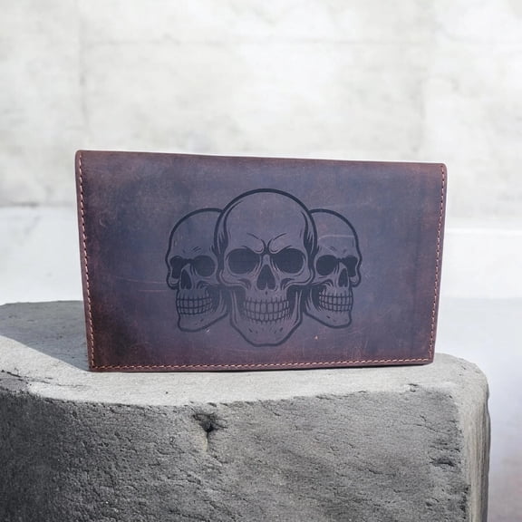 Western Buffalo Leather Rodeo Wallet RFID Bi-Fold Long Wallet 3 SKULLS