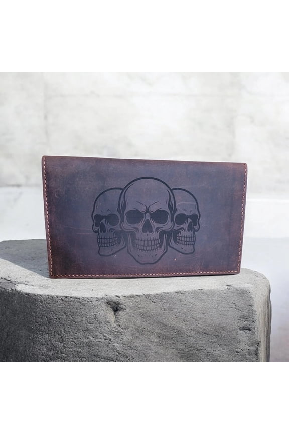 Western Buffalo Leather Rodeo Wallet RFID Bi-Fold Long Wallet 3 SKULLS