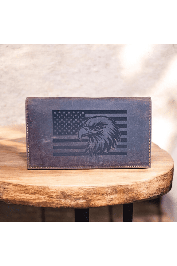 Western Buffalo Leather Rodeo Wallet RFID Bi-Fold Long Wallet US Flag Eagle