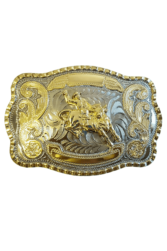 Western Bull Rider Belt Buckle  3.5" x 5.5" Gold and Silver Toned Metal Cowboy Rodeo Buckle