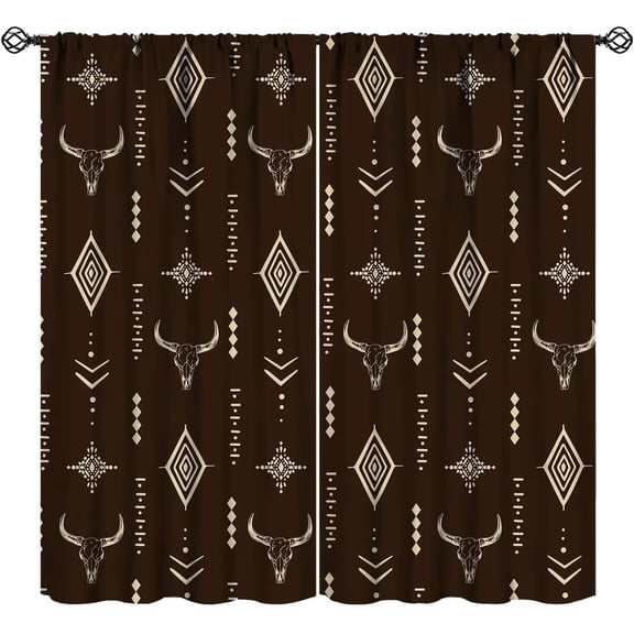 Western Bull Skull Blackout Curtains Boho Aesthetic Aztec Cow Skull Dark Brown Abstract Art for Girls Boys Women Men Bedroom Living Room Rod Pocket Decoration Window Drapes 2 Panels W42xL54in