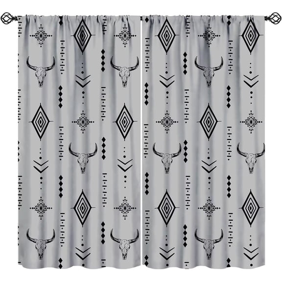 Western Bull Skull Blackout Curtains Gray Black Cow Skull Boho Aesthetic Aztec Abstract Art for Kids Girls Boys Women Bedroom Living Room Rod Pocket Decoration Window Drapes 2 Panels W42xL63in