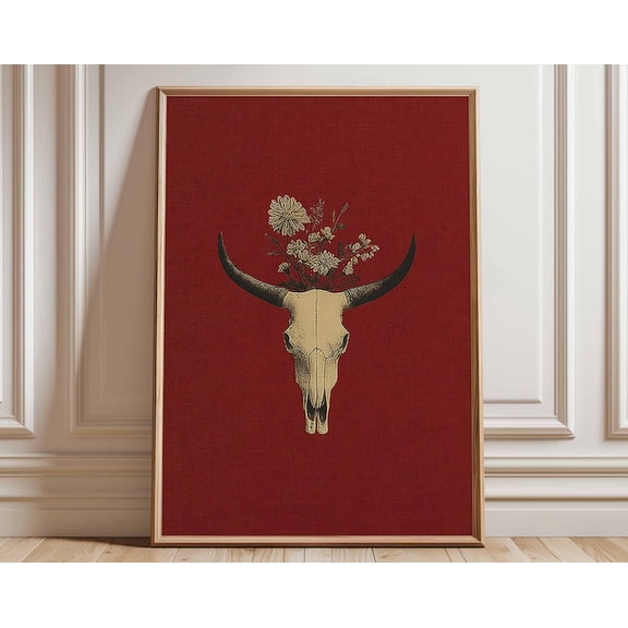Western Bull Skull Boho Floral Bull Skull Rustic Southwestern Vintage Wall Art Print, Unframed Paper Poster 24x36in