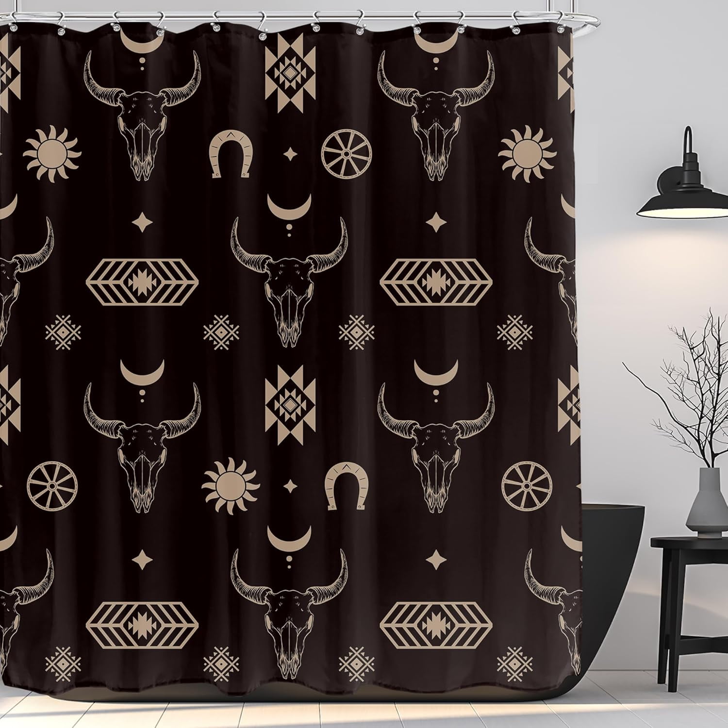 Western Bull Skull Shower Curtain for Bathroom Decor 72Wx72H Inches Boho Longhorn Cow Head Southwestern Aztec Tribal Abstract Geometric Retro Black Fabric Waterproof Polyester 12 Pack Hooks