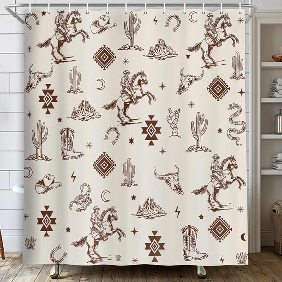 Western Bull Skull Shower Curtain, Boho Cow Longhorn Skull Head Cactus Bohemian Aztec Shower Curtains with Hooks Waterproof Polyester Wild West Cowboy Riding Horse Bathroom Curtain 47X64in