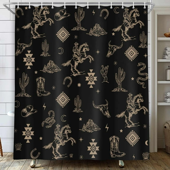 Western Bull Skull Shower Curtain, Boho Cow Longhorn Skull Head Cactus Bohemian Aztec Shower Curtains with Hooks Waterproof Polyester Wild West Cowboy Riding Horse Bathroom Curtain 60x72in