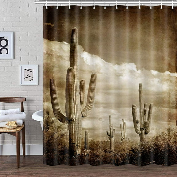 Western Cactus Decor Shower Curtain for Bathroom, Vintage Tropical Succulent Plant Desert Fabric Shower Curtains Set, Southwestern Restroom Accessories with Hooks 72X72Inches