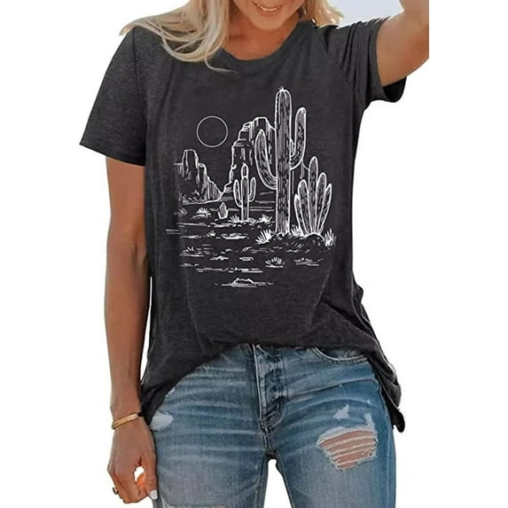Western Cactus Shirt for Women Sunrise Desert Graphic Tee Tops Hiking Mountain Climbing Funny Short Sleeve T-Shirt