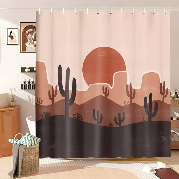 Western Cactus Shower Curtain, Boho Abstract Desert Succulent Plant and Sun Fabric Shower Curtains Set for Bathroom, Bohemian Terracotta Restroom Decor Accessories with Hooks 72X 72 Inch