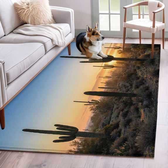 Western Cactus Sunrise Area Rugs 3'x5', Washable Small Throw Rugs for Living Room Bedroom, Modern Abstract Art Retro Indoor Outdoor Rug Non-Slip Low Pile Carpet Runner Reversible Floor Mats