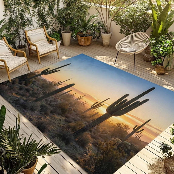 Western Cactus Sunrise Outdoor Rug for Patio/Deck/Porch, Non-Slip Large Area Rug 6 x 9 Ft, Modern Abstract Art Retro Indoor Outdoor Rugs Washable Area Rugs, Reversible Camping Rug Carpet Runner