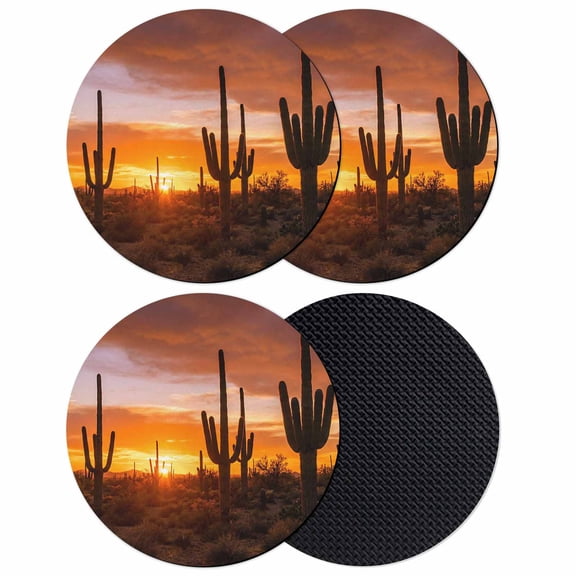 Western Cactus Sunset Coasters Set of 4, Absorbent Coasters for Drinks, Modern Abstract Art Retro Coaster for Desk Coffee Table Protection, Home Decor House Warming Gifts 4"