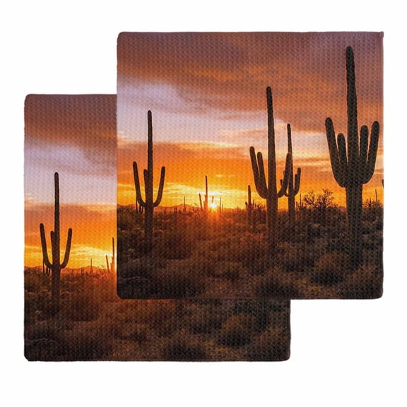 Western Cactus Sunset Kitchen Dish Towels for Drying Dishes Set of 2, Modern Abstract Art Retro Waffle Weave Microfiber Hand Tea Bathroom Towels Quick Dry & Absorbent Towel 12x12