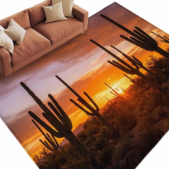 Western Cactus Sunset Large Area Rugs for Bedroom Living Room, Soft Non Slip Carpet Bedside Rug, Modern Abstract Art Retro Rectangular Floor Cover Kitchen Accent Rug 6'x9' for Dining Room/Office