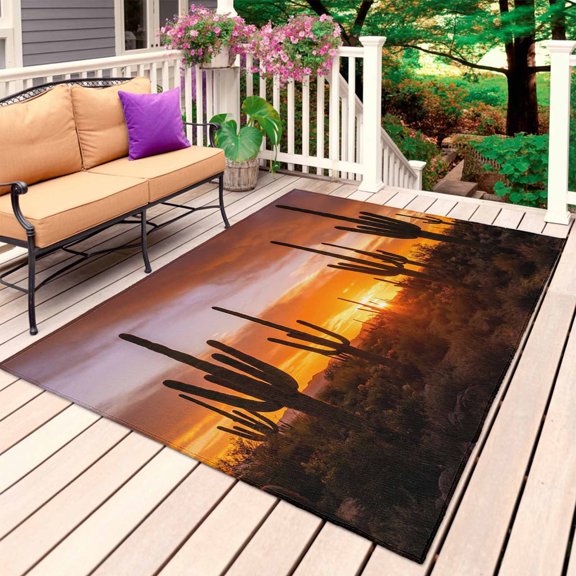 Western Cactus Sunset Outdoor Rug 5x8 Ft, Non Slip Washable Area Rug, Modern Abstract Art Retro Patio Rugs Carpet Runner, Large Floor Mat for Indoor/Outdoor Deck Porch Camping