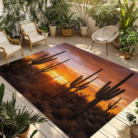 Western Cactus Sunset Outdoor Rug for Patio/Deck/Porch, Non-Slip Large Area Rug 3 x 5 Ft, Modern Abstract Art Retro Indoor Outdoor Rugs Washable Area Rugs, Reversible Camping Rug Carpet Runner