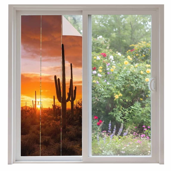 Western Cactus Sunset Window Privacy Film, Modern Abstract Art Retro Static Cling UV Sun Blocking Heat Control Window Tint Day and Night, Non-Adhesive One Way Windows Privacy Cover 35.4''x78.7''
