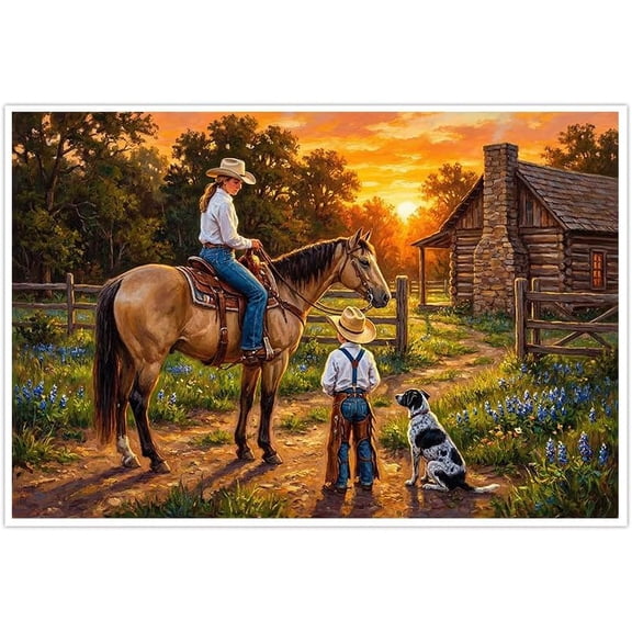Western Canvas Wall Art Cowboy Cowgirl Sunset Horse Log Cabin Farmhouse Decor Rustic Country Ranch Scene Boy Dog Wall Pictures for Living Room Bedroom Decor